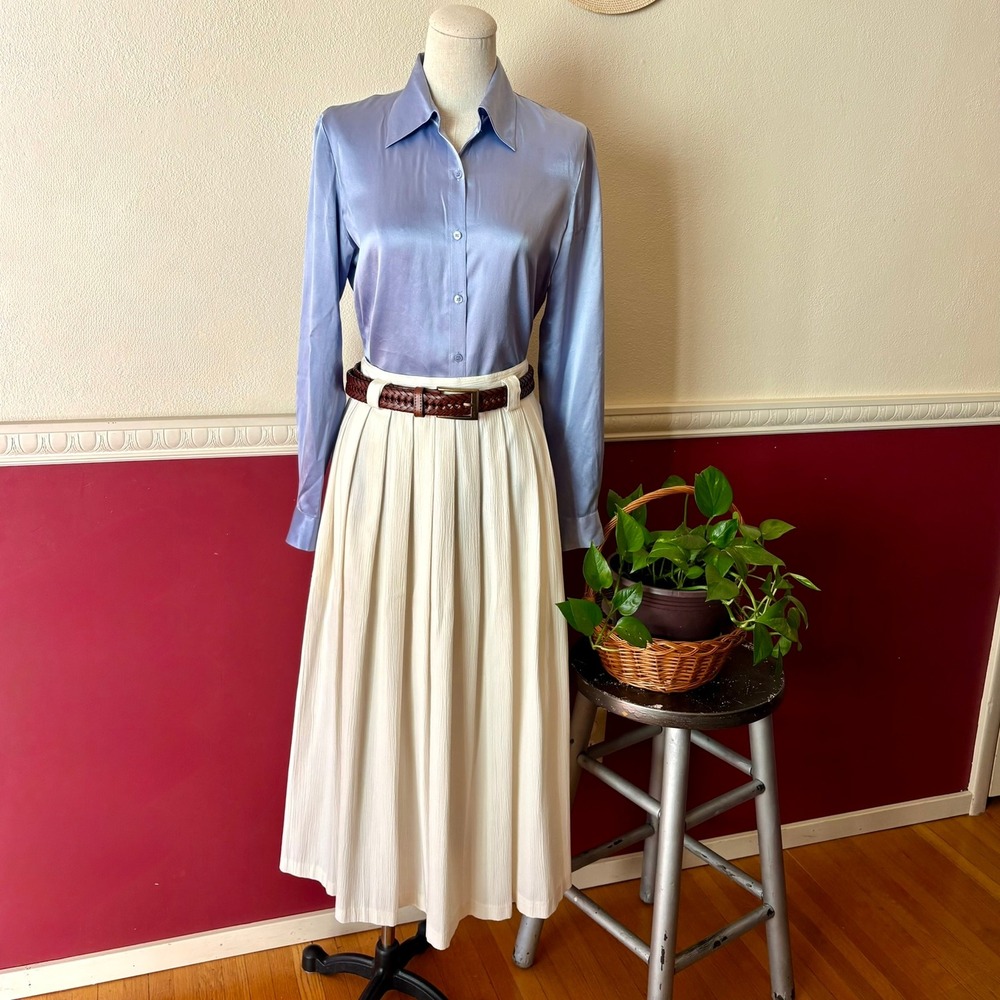 Briggs New York Vintage Pleated Midi Skirt Cream Pockets Size 12 Preppy Coastal